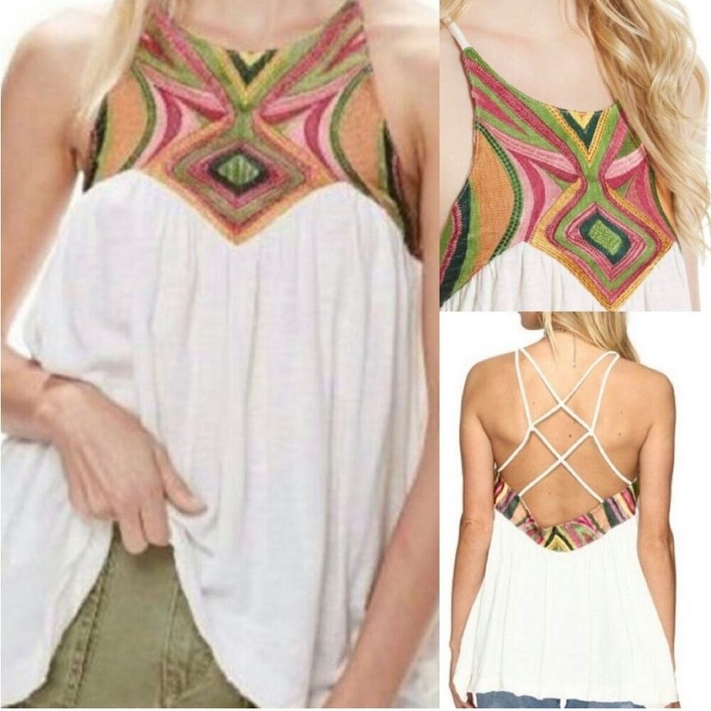 FREE PEOPLE BEACH DATE WHITE FLOWY STRAPPY TANK TOP MULTICOLOR EMBROIDERY
